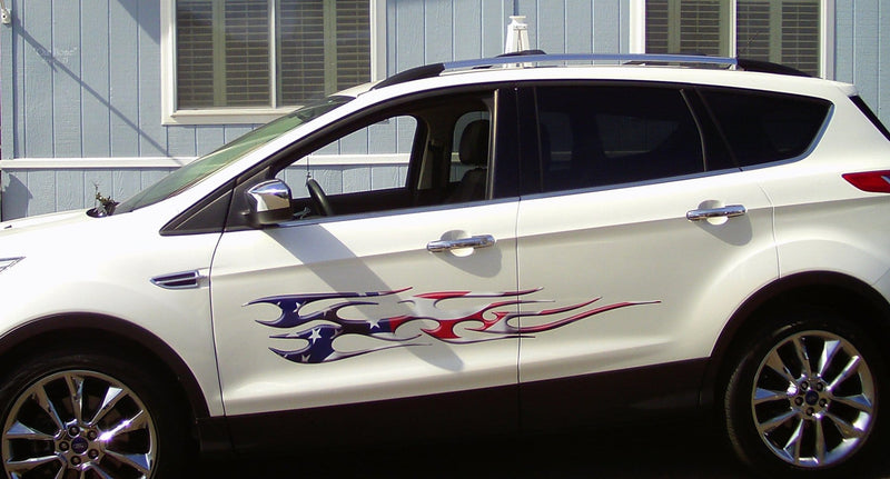 american flag flame decal on white suv